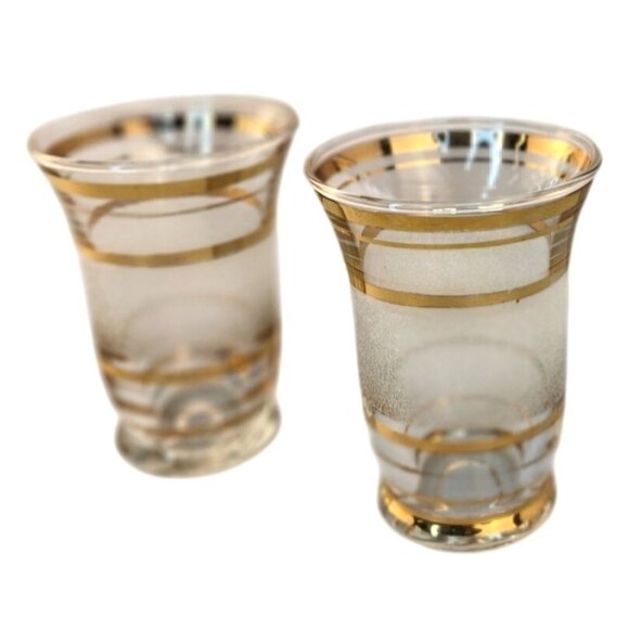 Mid-Century Modern Set Of 2 Frosted Glasses With Gold Stripes 3.25" Tall x 2.25" - Picture 3 of 8